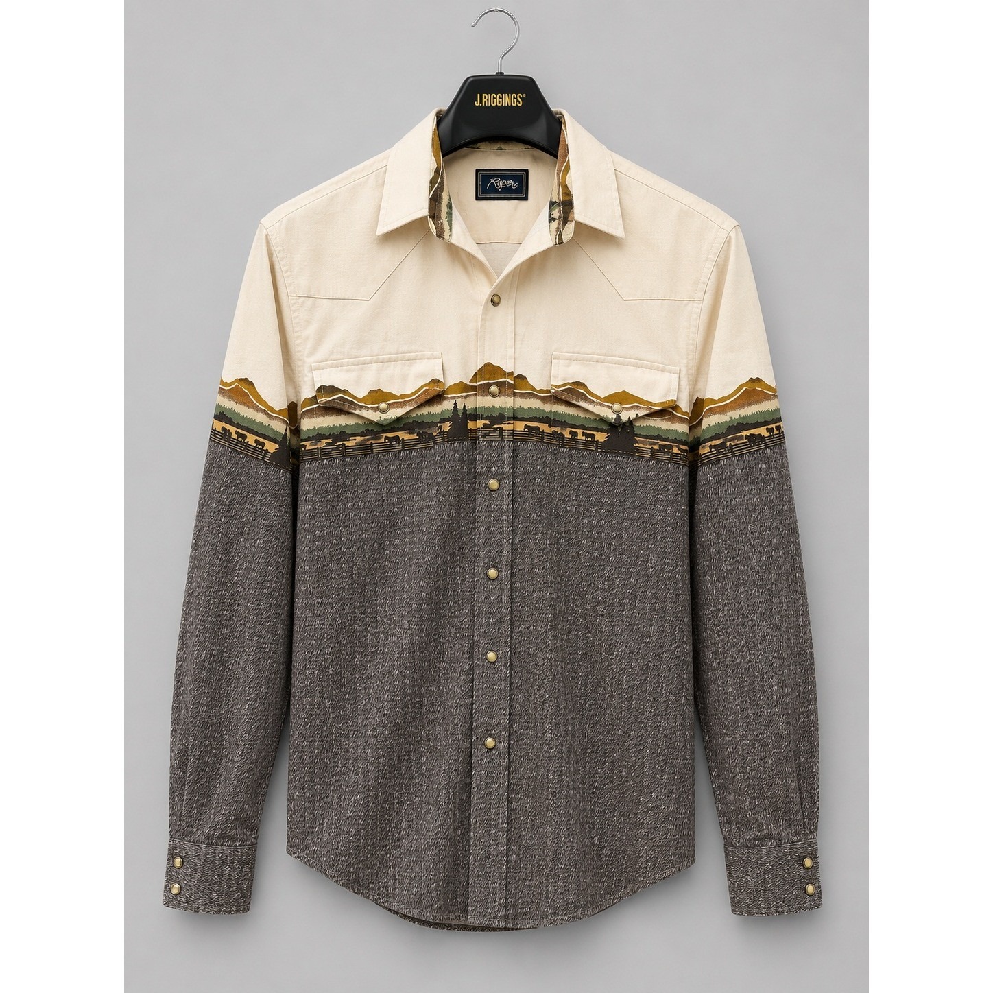 Roper Mens Mountain Landscape Western Snap Shirt Cream Grey Long Sleeve Size M